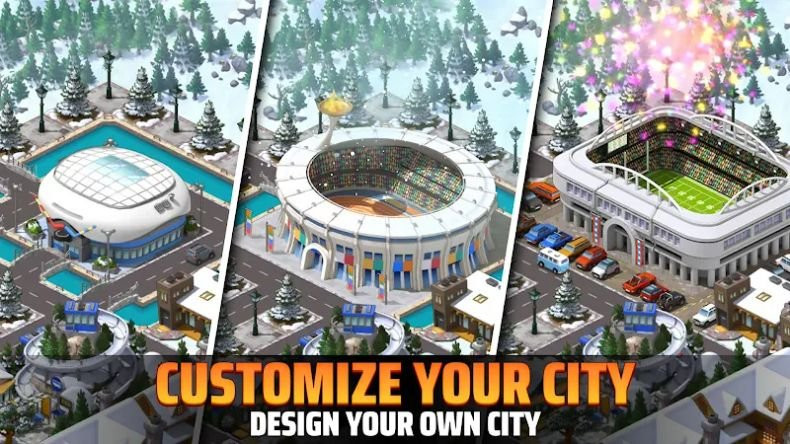 alt text: Giao diện game City Island 5 trên điện thoại, hiển thị khu đô thị ven biển với các công trình kiến trúc đa dạng và giao thông nhộn nhịp