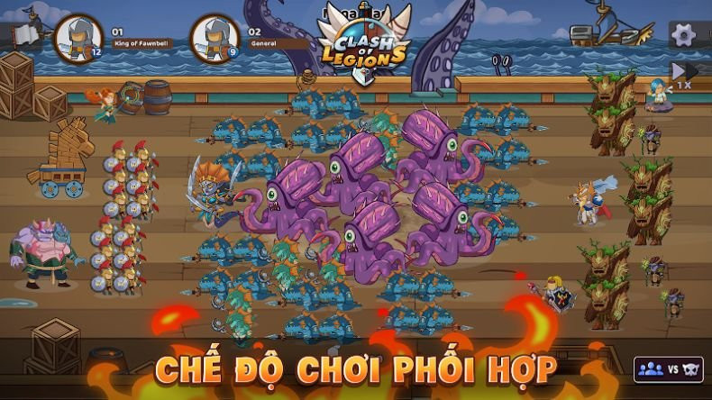 alt text: Giao diện game Clash of Legions hiển thị hệ thống quân đội và chiến đấu.