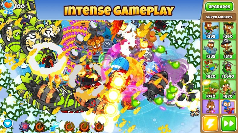 alt text: Hình ảnh trong game Bloons TD 6 cho thấy một tháp phòng thủ đang tấn công khỉ bong bóng, thể hiện lối chơi phòng thủ tháp đặc trưng.