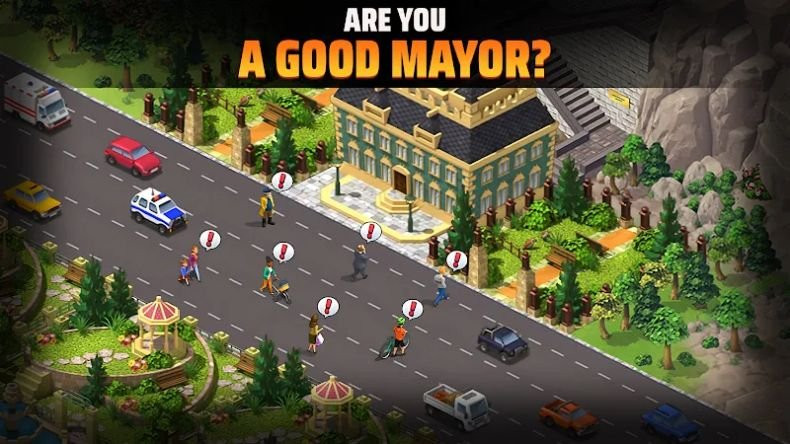 alt text: Hình ảnh trong game City Island 5 cho thấy một khu vực thành phố với các tòa nhà cao tầng, công viên, và đường sá được quy hoạch bài bản
